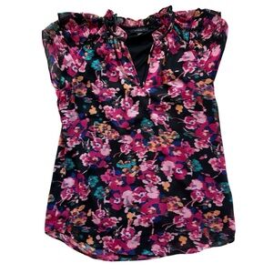Women’s Floral Ruffle Neck Blouse Vneck top dressy size small
